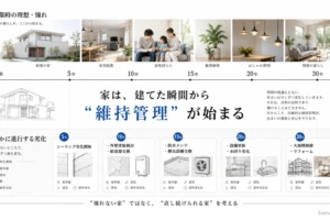 築0年から30年までの住宅メンテナンス年表。5年でシーリング劣化、10年で外壁塗装、15年で防水、20年で水回り、30年で大規模修繕など、経年劣化に応じた維持管理の必要性を解説する図解。