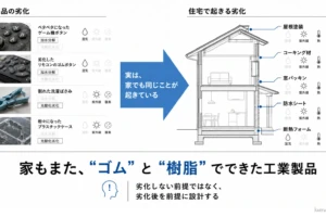 日用品の劣化と同様の現象が住宅のゴムや樹脂部材でも起きることを示す図。「家もまたゴムと樹脂でできた工業製品」であり、劣化後を前提とした設計の重要性を伝えています。