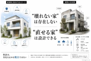 「壊れない家は存在しない、直せる家は設計できる」というメッセージを中心に、新築時の理想と30年後の現実を比較した図。劣化は避けられないため、点検やメンテナンスを前提とした設計の重要性を説明しています。