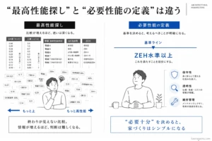 「最高性能探し」と「必要性能の定義」の違いを比較した図。左側は数値比較に迷う様子、右側は「ZEH水準以上」という基準を決めることで保守性や維持管理など考えるべきことが明確になり、家づくりがシンプルになることを示しています。