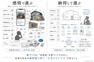 家づくりにおける「感情で選ぶ（瞬間的なときめきや流行重視）」と「納得で選ぶ（本質を見極め、長く満たされる家づくり）」の比較図解。感情で選ぶと完成時120点でも10年後に制約が生まれるリスクがある一方、納得で選ぶと完成時85点でも30年後も70〜90点を維持できる可変性を解説。下部には「家づくりは、“完成品”を買うことではない。未来の自分の選択肢を残す、“人生のインフラ”を作ること。」というキャッチコピーが記載されています。