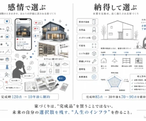 家づくりにおける「感情で選ぶ（瞬間的なときめきや流行重視）」と「納得で選ぶ（本質を見極め、長く満たされる家づくり）」の比較図解。感情で選ぶと完成時120点でも10年後に制約が生まれるリスクがある一方、納得で選ぶと完成時85点でも30年後も70〜90点を維持できる可変性を解説。下部には「家づくりは、“完成品”を買うことではない。未来の自分の選択肢を残す、“人生のインフラ”を作ること。」というキャッチコピーが記載されています。