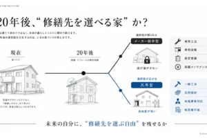 20年後の修繕における「メーカー依存型」と「汎用型」の比較図。メーカー依存型は専用工法等で選択肢が限られ高額になりやすい一方、汎用型は一般工法や汎用部材により修繕先の選択肢が広がり自由度が高いことを説明しています。