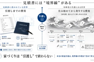 見積書には境界線があるという図解。左側に引渡しまでの費用（建築費や諸費用）、右側に住み始めてから発生する維持管理費（エアコン、給湯器、外壁塗装など）を配置し、引渡し後も多額の費用がかかることを示している。