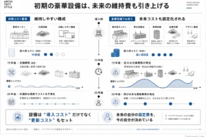 初期コスト重視の維持しやすい構成と、豪華設備を導入した場合の維持費の比較図。豪華な設備ほど15〜20年後の交換・更新費用が高額になり、将来の費用インパクトが大きくなることを示しています。