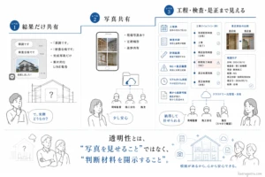 ハウスメーカー選びでチェックすべき「現場の透明性レベル」を3段階で解説した図解。「順調です」のメッセージのみのレベル1（結果だけ共有）、写真が送られてくるレベル2（部分的開示）に対し、検査項目やNGが出た際の是正処置のログまでクラウドで一元管理されて閲覧できるレベル3（プロセス開示）を最高基準とし、「写真を見せることではなく、判断材料を開示すること」の重要性を説明する画像。
