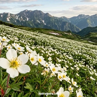 残雪の残る山々を背景に、斜面一面に咲き誇る白いハクサンイチゲの群生。