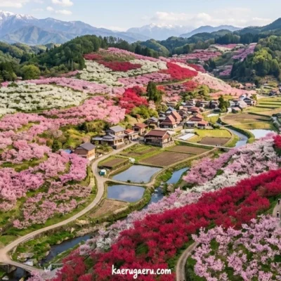 山あいの集落を囲むように、赤、白、ピンクの花桃が満開に咲き誇る春の里山の風景。