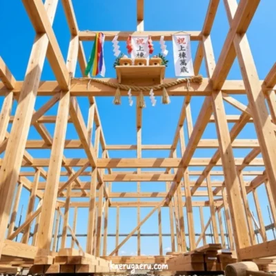 青空の下、組み上げられた木造住宅の骨組みと、中央に設置された上棟式の祭壇や「祝 上棟」の旗。