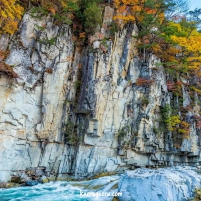 紅葉に彩られた柱状節理の断崖と、その下を流れる川。