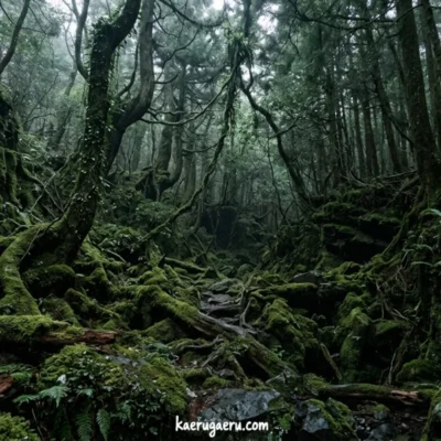 苔に覆われた岩や木々が広がる、霧に包まれた幻想的な原生林の風景。