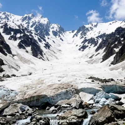 青空の下、雪に覆われた険しい山々に囲まれた広大な雪渓と、手前に流れる川。